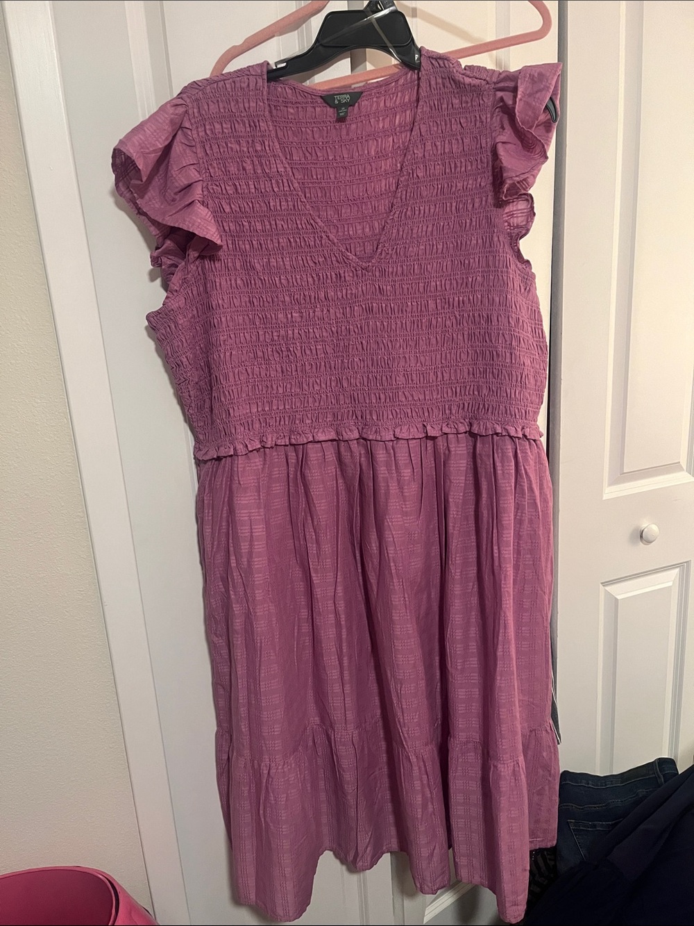 WomensPink Ruffle Sleeve Smocked Dress